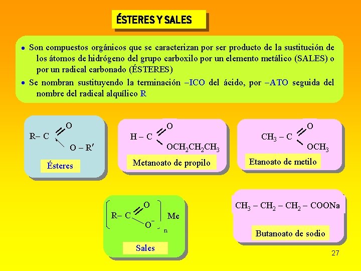 ÉSTERES Y SALES Son compuestos orgánicos que se caracterizan por ser producto de la