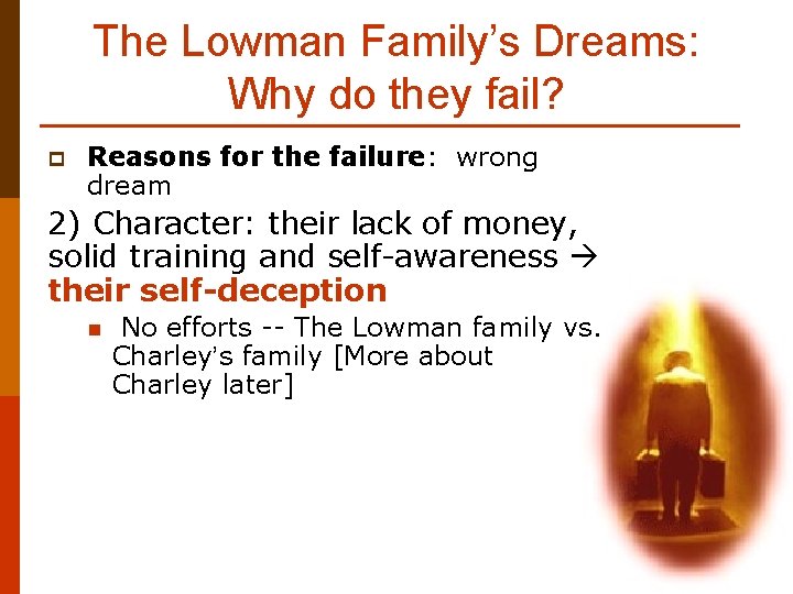 The Lowman Family’s Dreams: Why do they fail? p Reasons for the failure: wrong