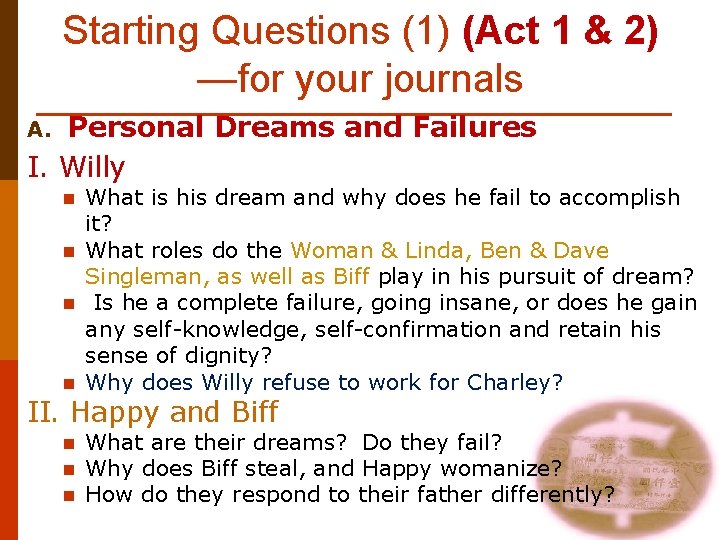 Starting Questions (1) (Act 1 & 2) —for your journals Personal Dreams and Failures