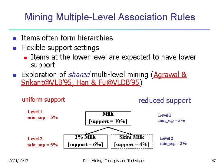 Mining Multiple-Level Association Rules n n n Items often form hierarchies Flexible support settings