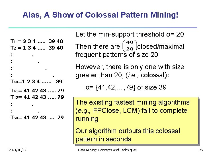 Alas, A Show of Colossal Pattern Mining! T 1 = 2 3 4 ….