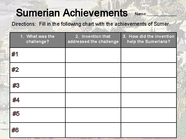 Sumerian Achievements Name _______ Directions: Fill in the following chart with the achievements of