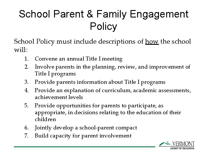 School Parent & Family Engagement Policy School Policy must include descriptions of how the