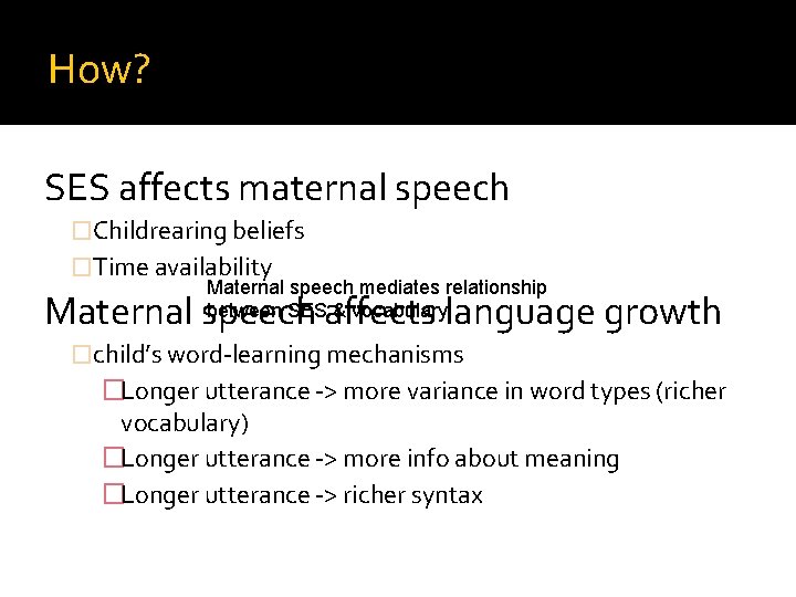 How? SES affects maternal speech �Childrearing beliefs �Time availability Maternal speech mediates relationship between