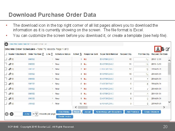 Download Purchase Order Data • • The download icon in the top right corner