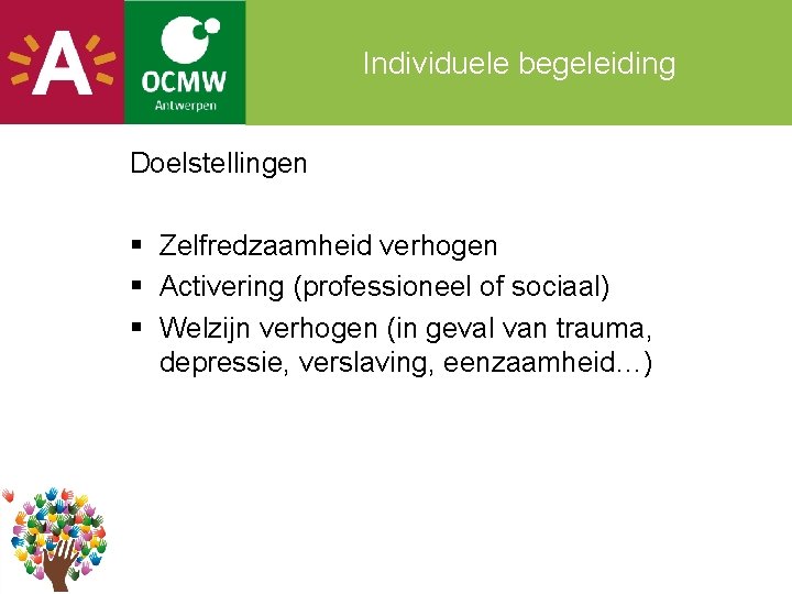 Individuele begeleiding Doelstellingen § Zelfredzaamheid verhogen § Activering (professioneel of sociaal) § Welzijn verhogen