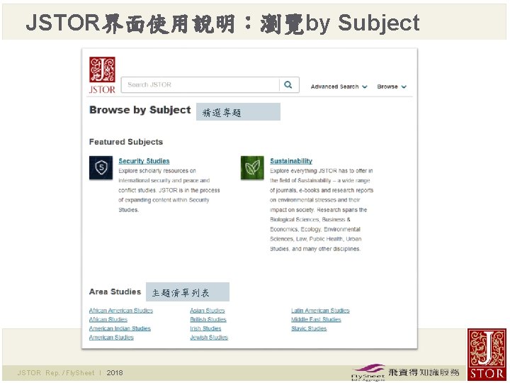 JSTOR界面使用說明：瀏覽by Subject 精選專題 主題清單列表 JSTOR Rep. / Fly. Sheet l 2018 