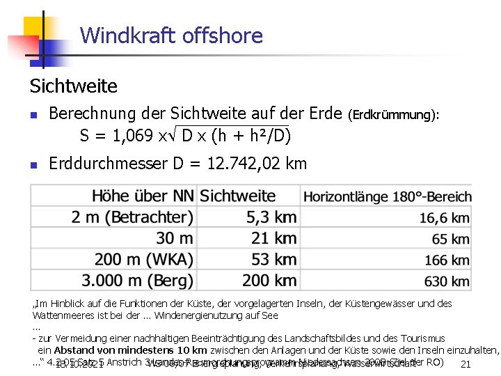 Windkraft offshore Sichtweite n n Berechnung der Sichtweite auf der Erde S = 1,