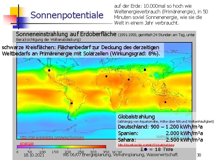 Sonnenpotentiale auf der Erde: 10. 000 mal so hoch wie Weltenergieverbrauch (Primärenergie), in 50