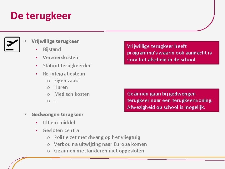 De terugkeer • Vrijwillige terugkeer • Bijstand • Vervoerskosten • Statuut terugkeerder • Re-integratiesteun