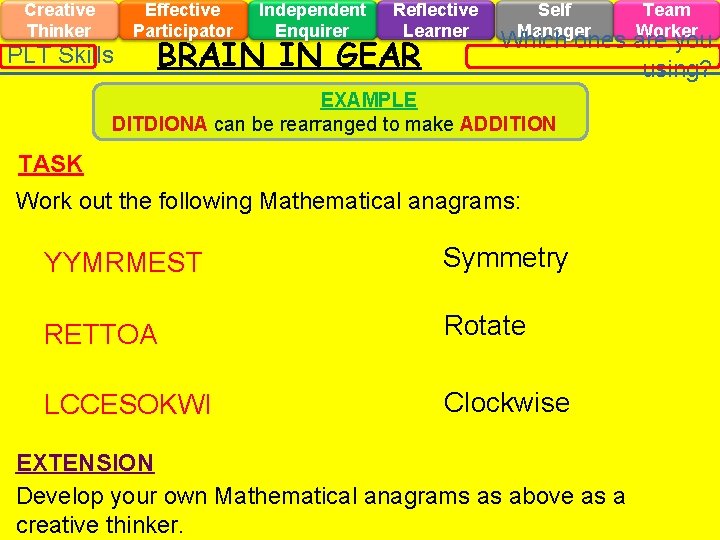 Creative Thinker Effective Participator PLT Skills Independent Enquirer Reflective Learner BRAIN IN GEAR Self Creative Thinker Effective Participator PLT Skills Independent Enquirer Reflective Learner BRAIN IN GEAR Self