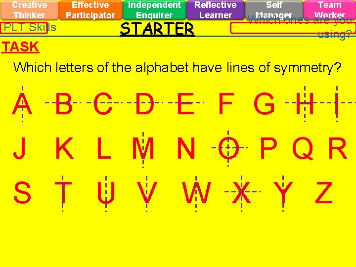 Creative Thinker PLT Skills TASK Effective Participator Independent Enquirer Reflective Learner STARTER Self Manager Creative Thinker PLT Skills TASK Effective Participator Independent Enquirer Reflective Learner STARTER Self Manager