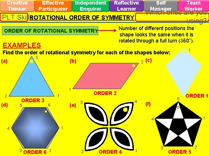 Creative Thinker Effective Participator Independent Enquirer Reflective Learner ROTATIONAL ORDER OF SYMMETRY PLT Skills Creative Thinker Effective Participator Independent Enquirer Reflective Learner ROTATIONAL ORDER OF SYMMETRY PLT Skills