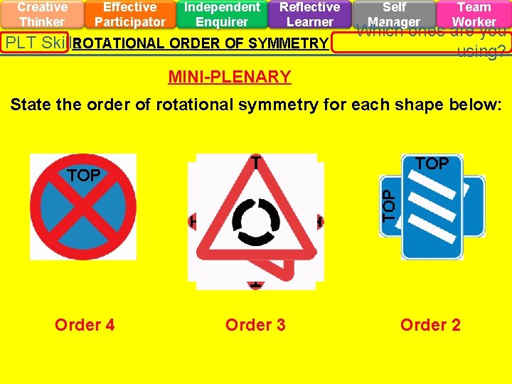 Creative Thinker Effective Participator Independent Enquirer Reflective Learner ROTATIONAL ORDER OF SYMMETRY PLT Skills Creative Thinker Effective Participator Independent Enquirer Reflective Learner ROTATIONAL ORDER OF SYMMETRY PLT Skills