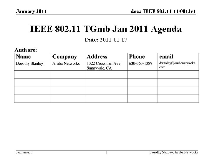 January 2011 doc. : IEEE 802. 11 -11/0012 r 1 IEEE 802. 11 TGmb