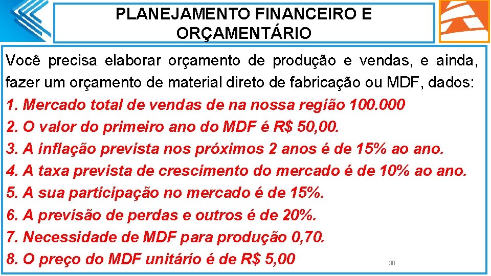 PLANEJAMENTO FINANCEIRO E ORÇAMENTÁRIO Você precisa elaborar orçamento de produção e vendas, e ainda,