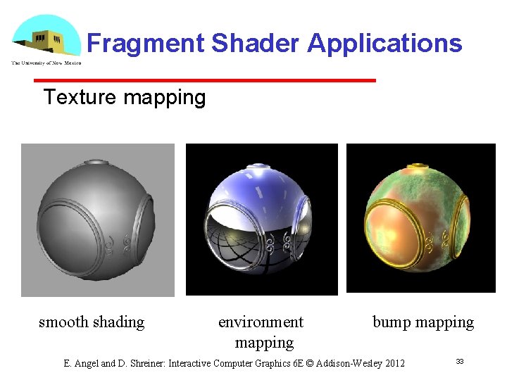 Fragment Shader Applications Texture mapping smooth shading environment mapping bump mapping E. Angel and