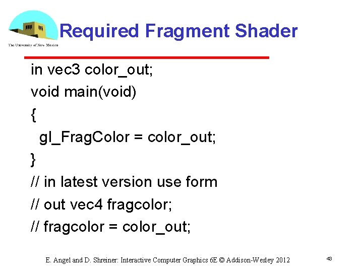 Required Fragment Shader in vec 3 color_out; void main(void) { gl_Frag. Color = color_out;