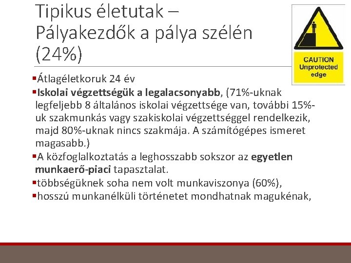 Tipikus életutak – Pályakezdők a pálya szélén (24%) §Átlagéletkoruk 24 év §Iskolai végzettségük a