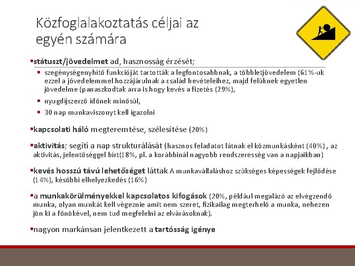 Közfoglalakoztatás céljai az egyén számára §státuszt/jövedelmet ad, hasznosság érzését; § szegénységenyhítő funkcióját tartották a