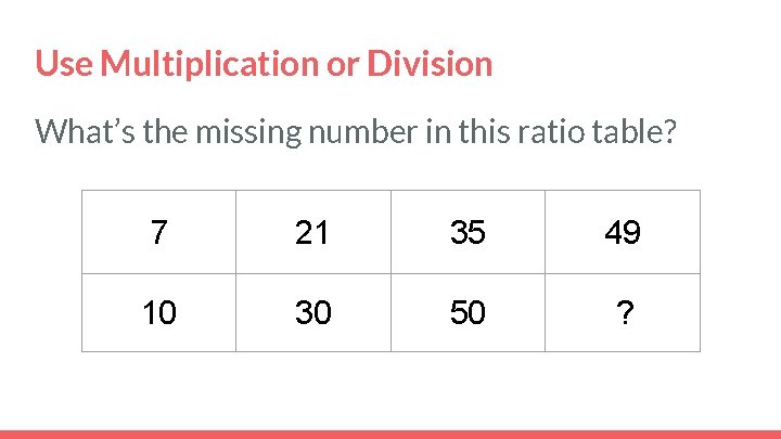 Use Multiplication or Division What’s the missing number in this ratio table? 7 21