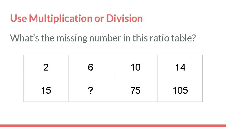 Use Multiplication or Division What’s the missing number in this ratio table? 2 6