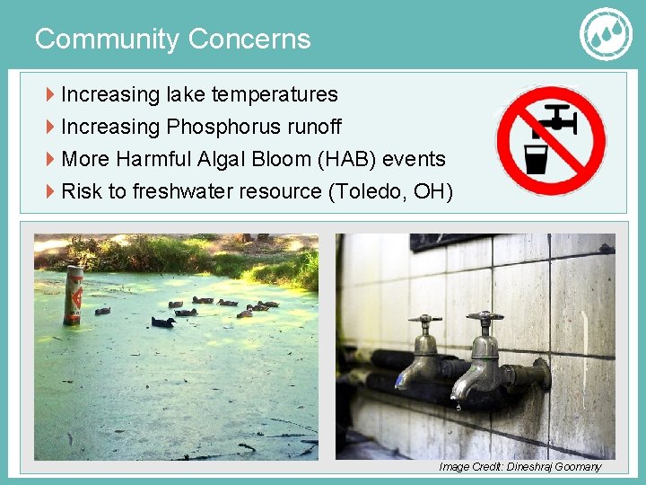 Community Concerns Increasing lake temperatures Increasing Phosphorus runoff More Harmful Algal Bloom (HAB) events
