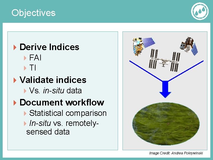 Objectives Derive Indices FAI TI Validate indices Vs. in-situ data Document workflow Statistical comparison