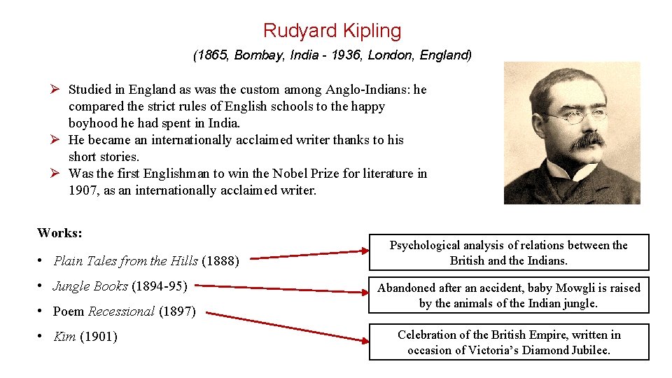 Rudyard Kipling (1865, Bombay, India - 1936, London, England) Ø Studied in England as