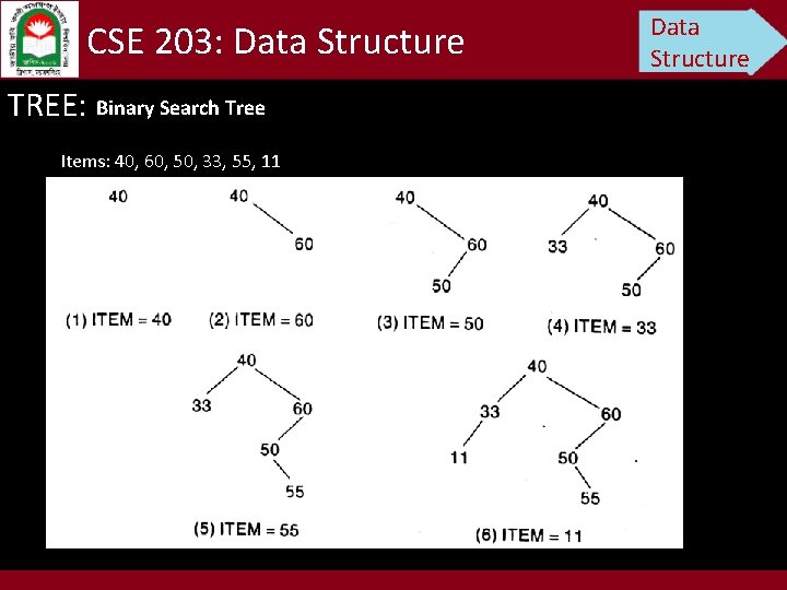 CSE 203: Data Structure TREE: Binary Search Tree Items: 40, 60, 50, 33, 55,