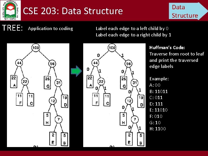 Data Structure CSE 203: Data Structure TREE: Application to coding Label each edge to