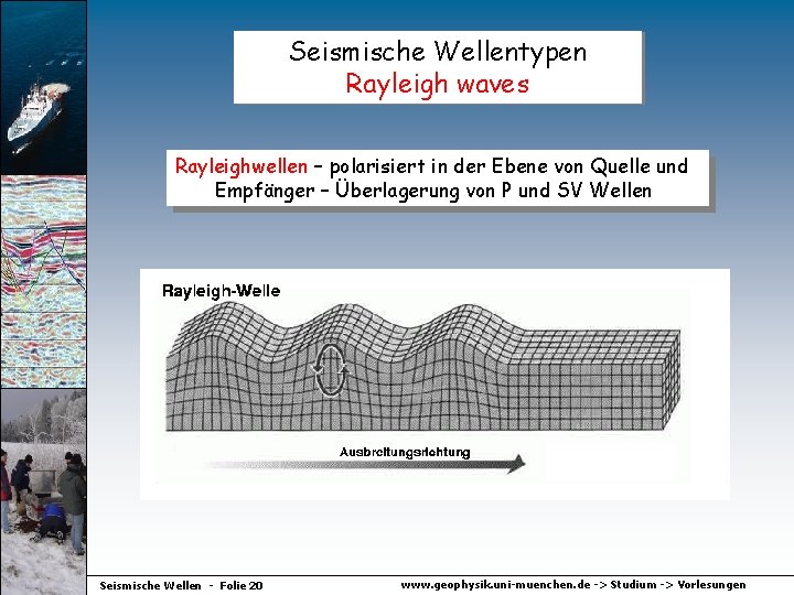 Seismische Wellentypen Rayleigh waves Rayleighwellen – polarisiert in der Ebene von Quelle und Empfänger