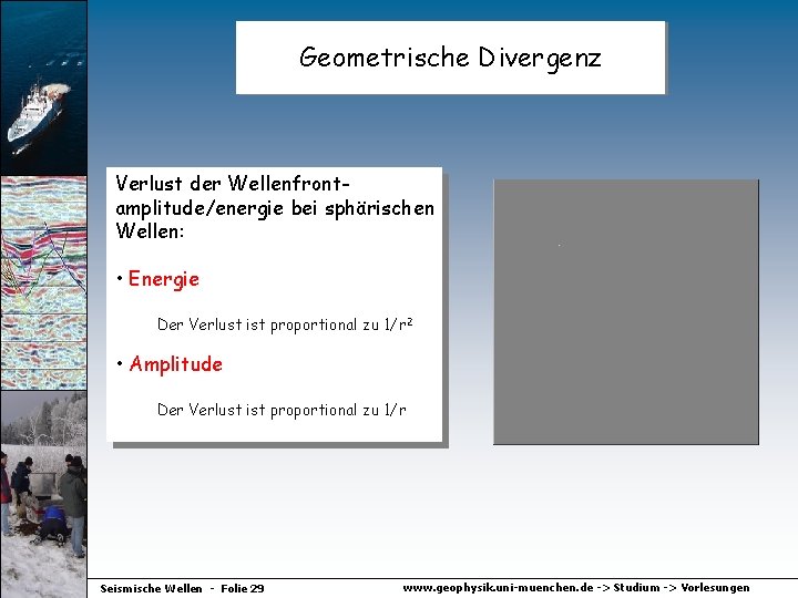 Geometrische Divergenz Verlust der Wellenfrontamplitude/energie bei sphärischen Wellen: • Energie Der Verlust ist proportional