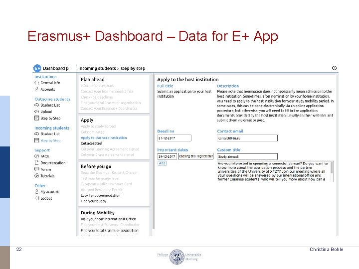 Erasmus+ Dashboard – Data for E+ App 22 Christina Bohle 