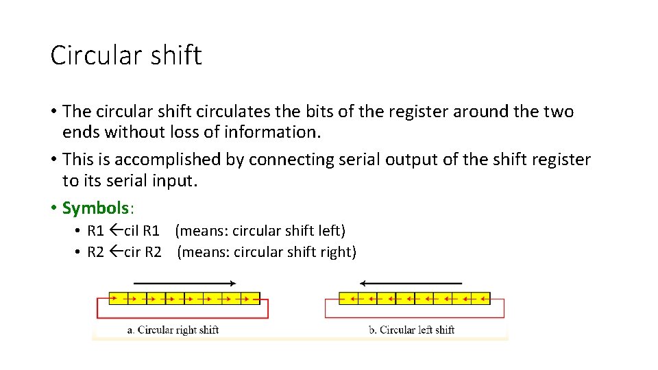 Circular shift • The circular shift circulates the bits of the register around the