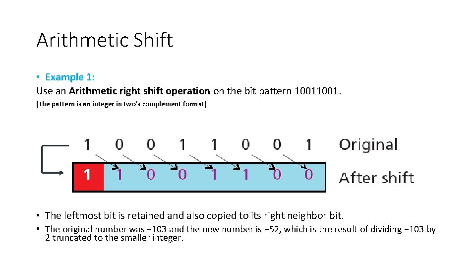 Arithmetic Shift • Example 1: Use an Arithmetic right shift operation on the bit
