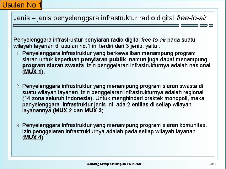 Usulan No. 1 Jenis – jenis penyelenggara infrastruktur radio digital free-to-air Penyelenggara infrastruktur penyiaran