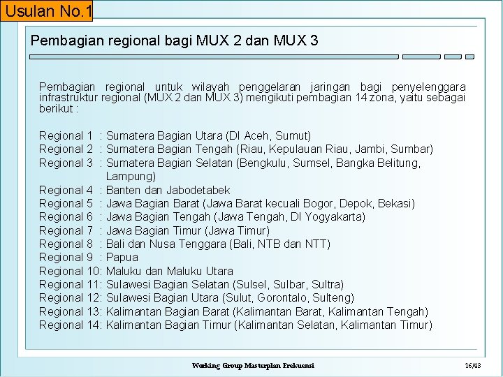 Usulan No. 1 Pembagian regional bagi MUX 2 dan MUX 3 Pembagian regional untuk