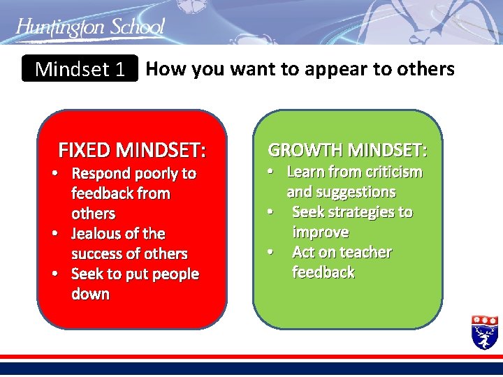 Mindset 1 How you want to appear to others FIXED MINDSET: • Respond poorly