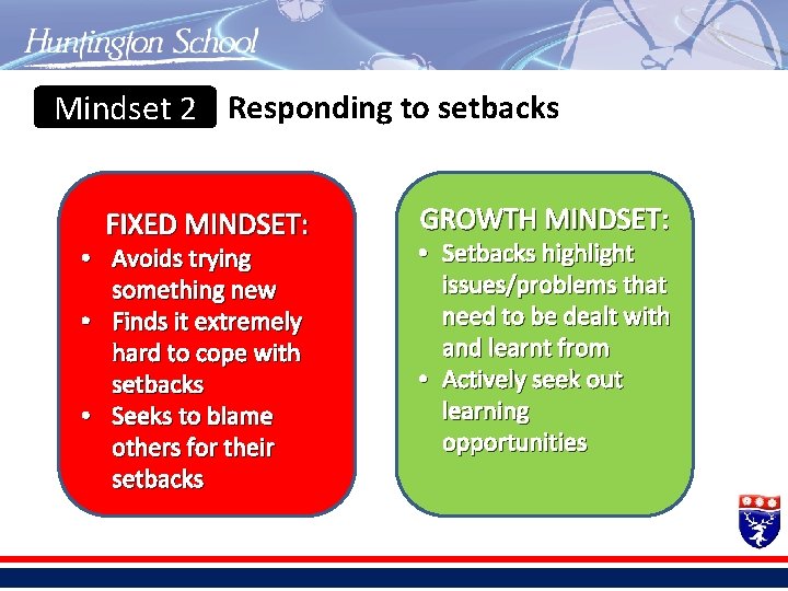 Mindset 2 Responding to setbacks FIXED MINDSET: • Avoids trying something new • Finds