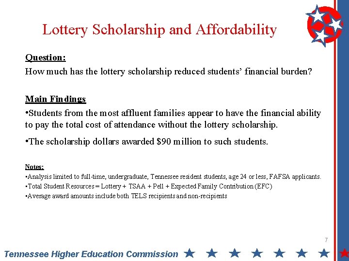 Lottery Scholarship and Affordability Question: How much has the lottery scholarship reduced students’ financial