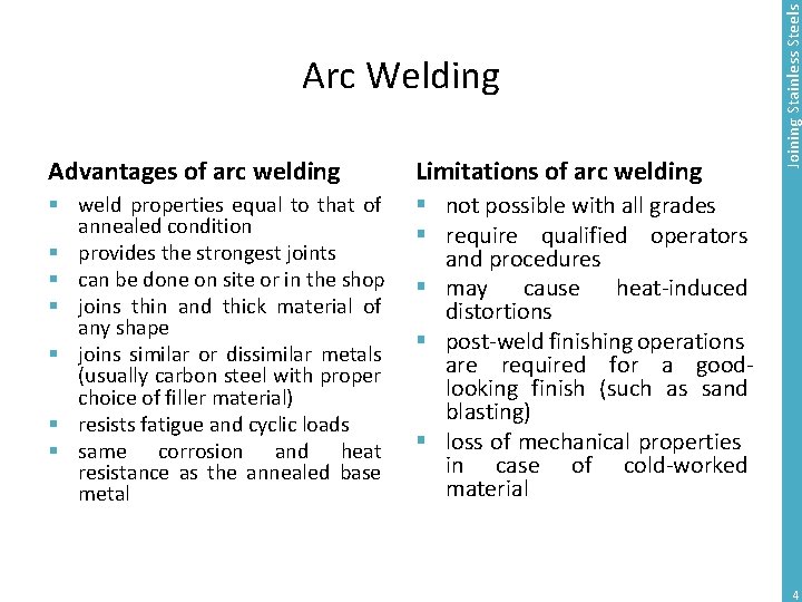 Advantages of arc welding Limitations of arc welding § weld properties equal to that