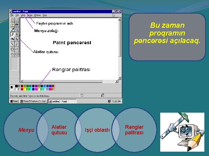 Bu zaman proqramın pəncərəsi açılacaq. Menyu Alətlər qutusu Işçi oblastı Rənglər palitrası 