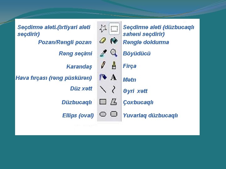 Seçdirmə aləti. (ixtiyari aləti seçdirir) Pozan/Rəngli pozan Rəng seçimi Seçdirmə aləti (düzbucaqlı sahəni seçdirir)