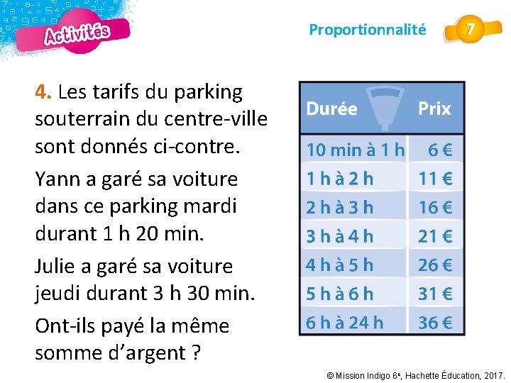 Proportionnalité 4. Les tarifs du parking souterrain du centre-ville sont donnés ci-contre. Yann a