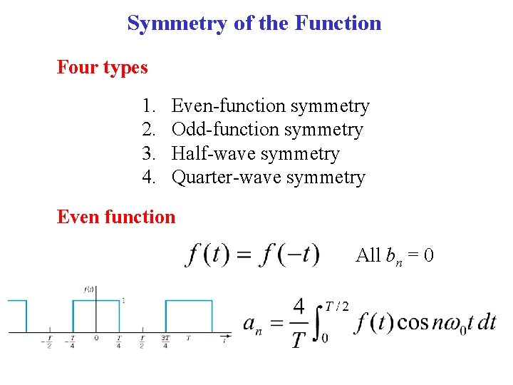 Symmetry of the Function Four types 1. 2. 3. 4. Even-function symmetry Odd-function symmetry