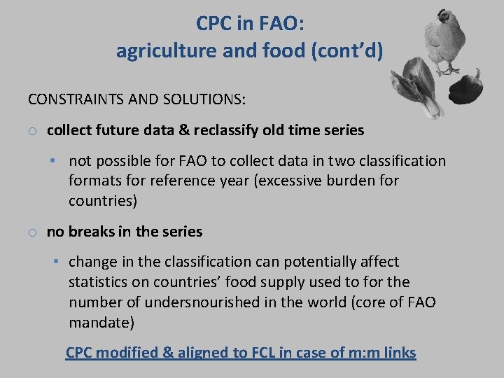 CPC in FAO: agriculture and food (cont’d) CONSTRAINTS AND SOLUTIONS: o collect future data