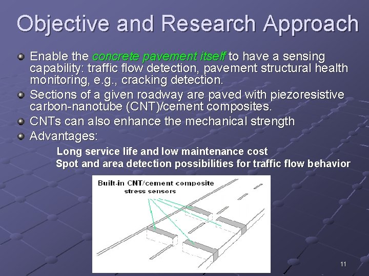 Objective and Research Approach Enable the concrete pavement itself to have a sensing capability: