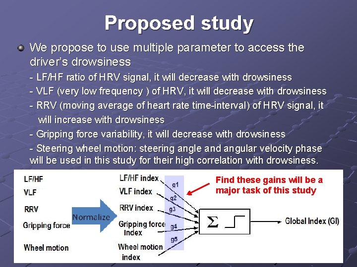 Proposed study We propose to use multiple parameter to access the driver’s drowsiness -