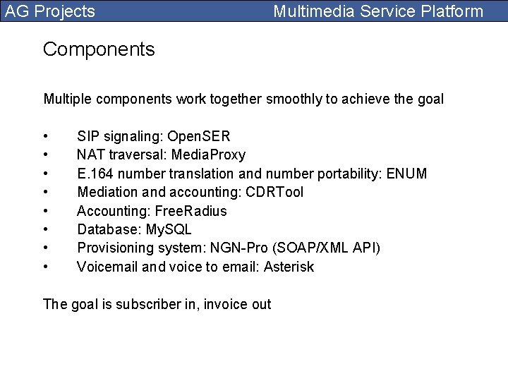 AG Projects Multimedia Service Platform Components Multiple components work together smoothly to achieve the